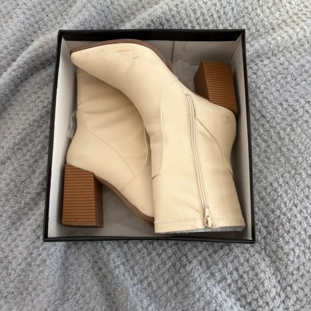 Cream Ankle Zip-Heel Boots with Stacked Block Heel